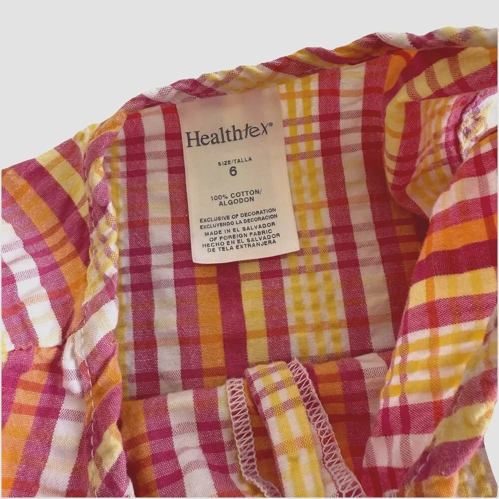 VTG Healthtex Dress Girls Pink Yellow Orange Plaid Seersucker 100% Cotton Sz 6